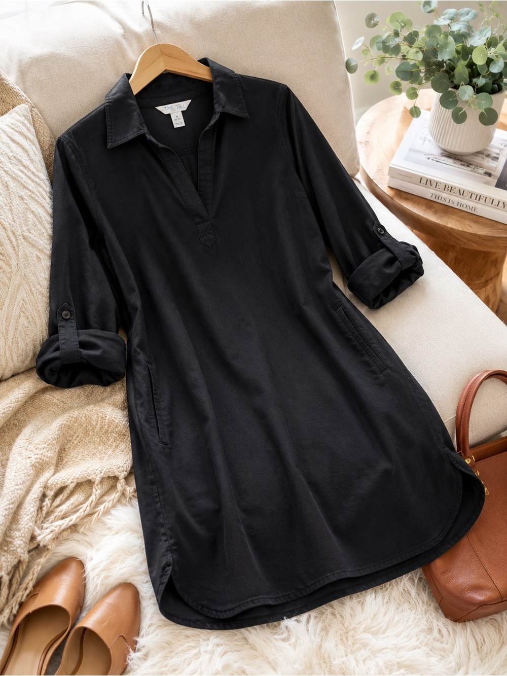 Time and Tru Black Lyocell Shirt Dress Minimalist Capsule Wardrobe Size M (8–10)